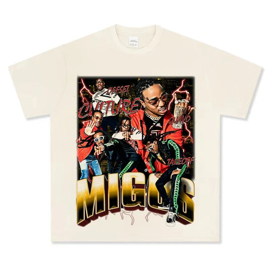 Cream-colored cotton oversized unisex t-shirt featuring a migos culture graphic with lightning, vintage tee rapper hip hop streetwear