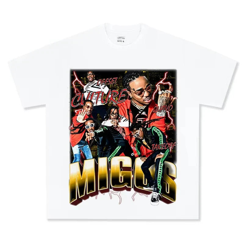 White cotton unisex oversized t-shirt featuring a vibrant migos culture graphic with bold gold and red lettering vintage tee rapper