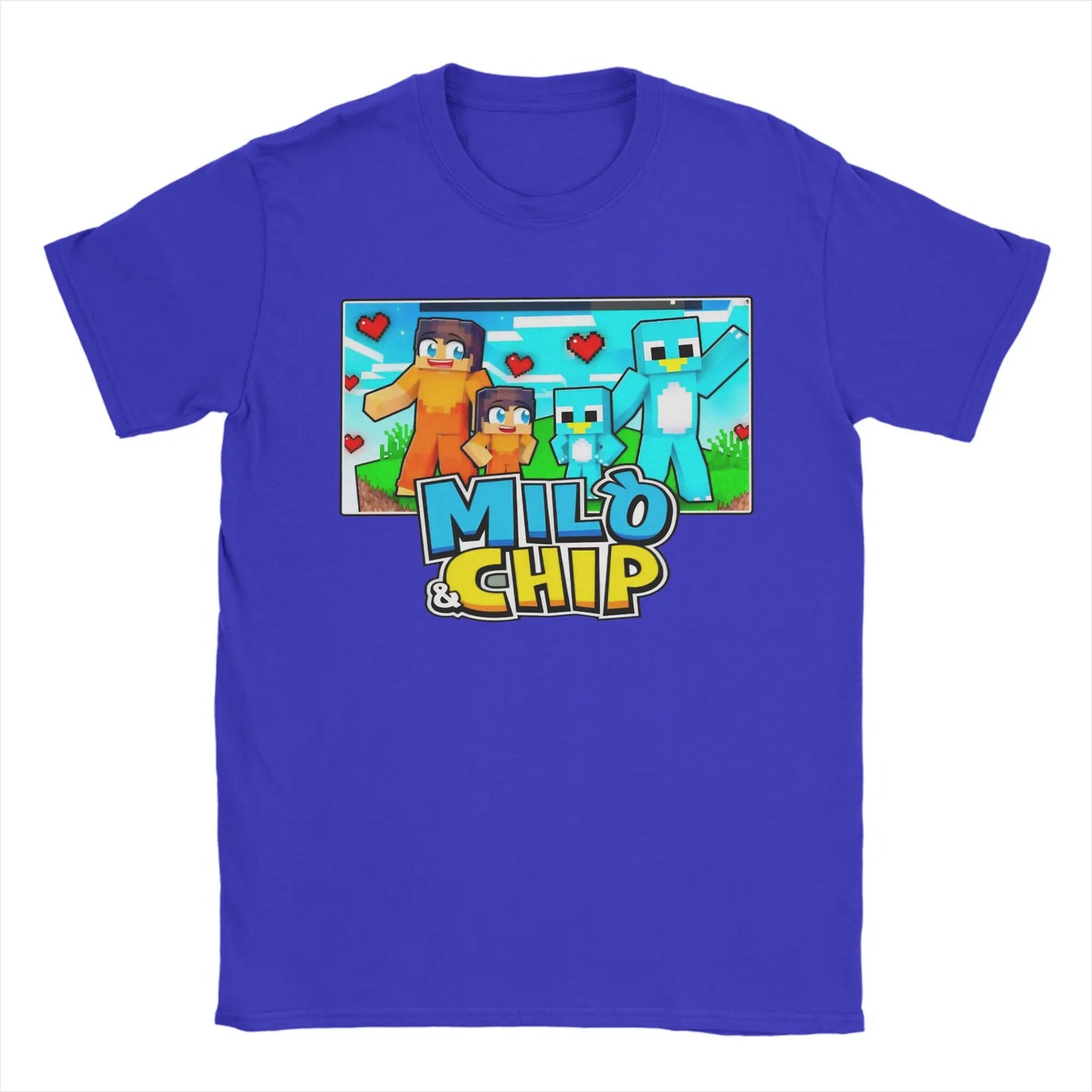 Purple 100% cotton chip accessories unisex tee printed t-shirt featuring milo and chip minecraft-style graphic with hearts