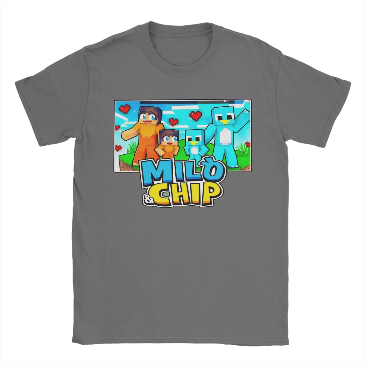 Gray short-sleeved 100% cotton tee printed t-shirt featuring colorful milo and chip accessories unisex design type beat music