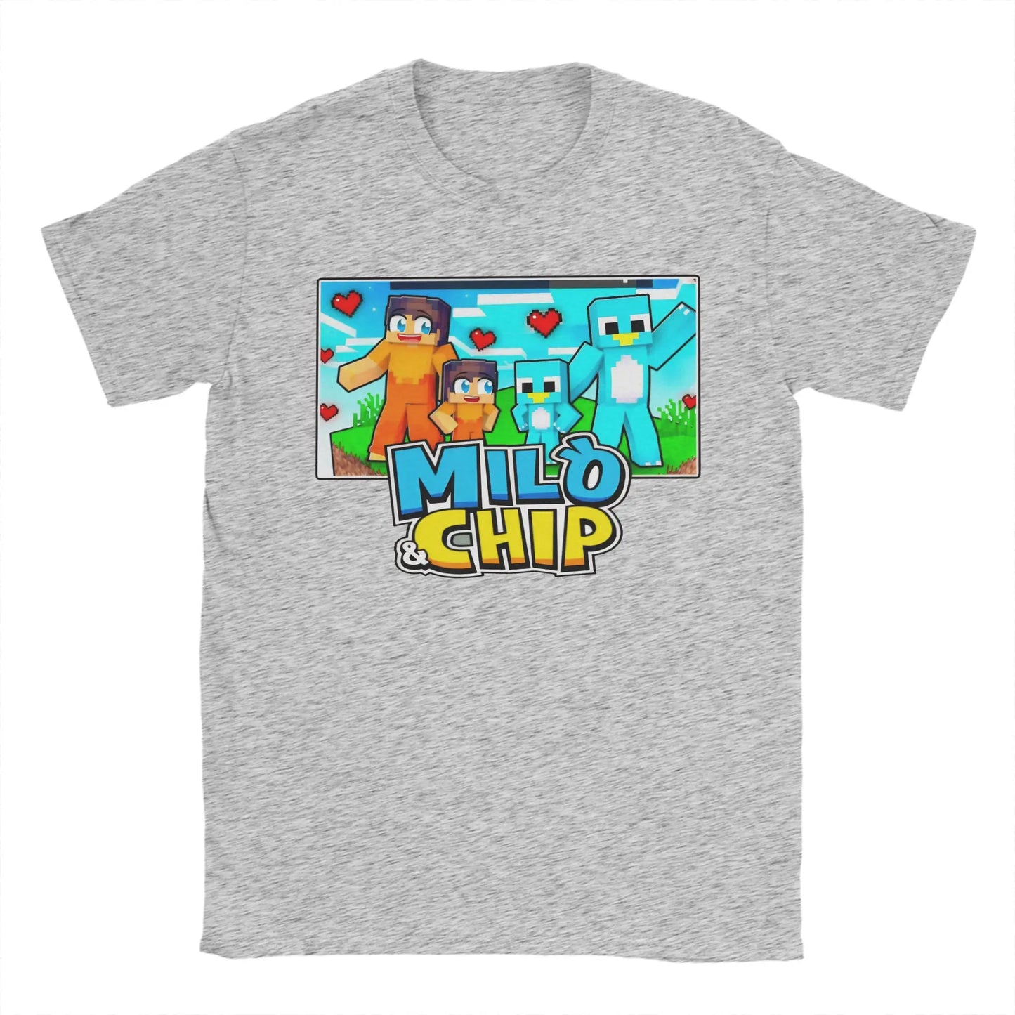 Gray heathered milo and chip accessories unisex tee printed t-shirt featuring colorful minecraft style graphic on 100% cotton