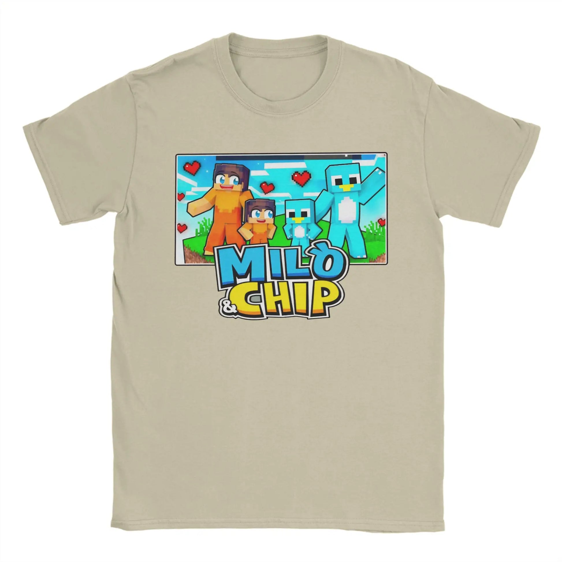 Beige 100% cotton chip accessories unisex tee printed t-shirt featuring colorful milo and chip pixelated graphic