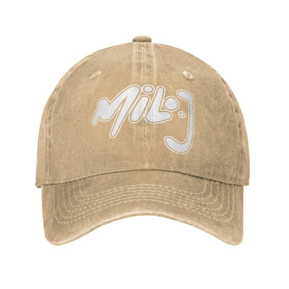 Beige distressed cotton baseball cap with white embroidered milo j logo for washed hip hop and baseball cap fashion styles