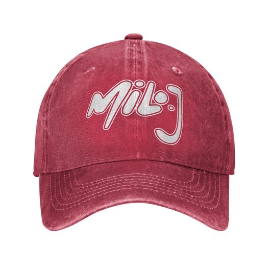 A faded maroon washed hip hop baseball cap featuring a white embroidered milo j logo and snapback design