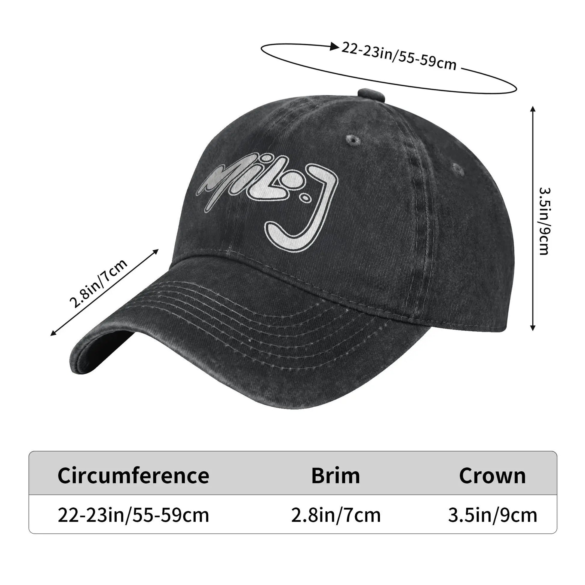 A dark gray distressed cotton baseball cap featuring a white embroidered milo j logo for washed hip hop fashion