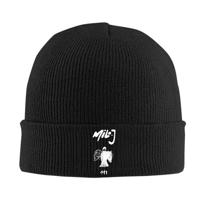 Black ribbed knit acrylic milo j singer beanie with white embroidered logo mila music crochet cap for men beanies winter use