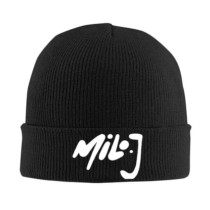 Black ribbed knit acrylic beanie with white milo j singer logo on cuff men beanies winter music crochet cap