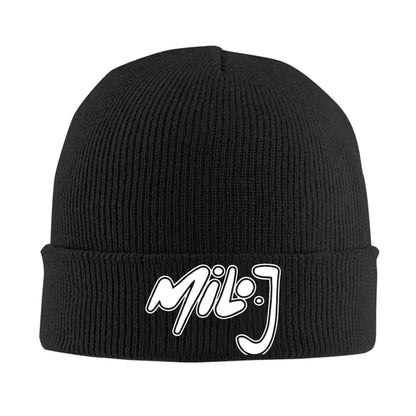 Black ribbed knit acrylic beanie with folded cuff featuring white milj logo milo j singer men beanies winter music crochet cap