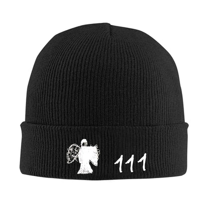 Black ribbed knit milo j singer beanie with white embroidered angel and 111 on cuff men beanies winter music crochet cap
