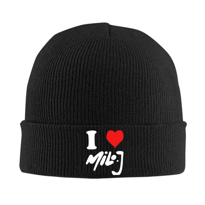 Black ribbed knit acrylic milo j singer beanie for men winter featuring folded cuff with i heart miloj music crochet cap graphic