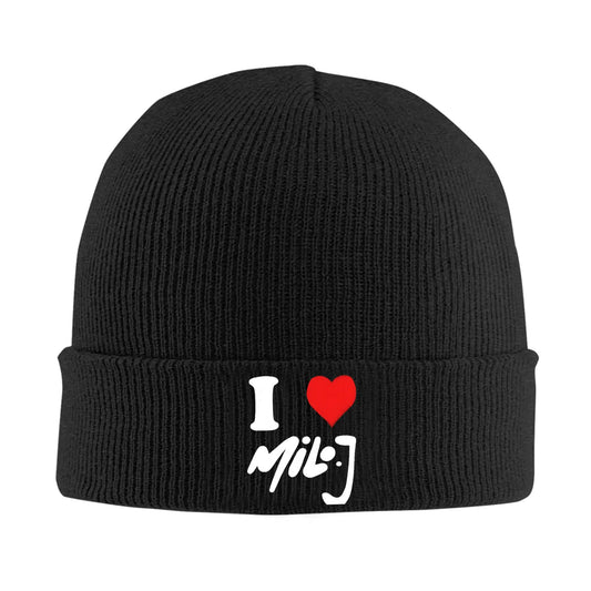 Black ribbed knit acrylic milo j singer beanie for men winter featuring folded cuff with i heart miloj music crochet cap graphic