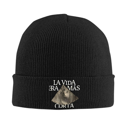 Black ribbed knit milo j singer beanie with silver triangular patch and embroidered text for men beanies winter music crochet cap