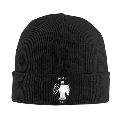 Black ribbed knit milo j singer acrylic music crochet cap with white embroidered angel design men beanies winter hat