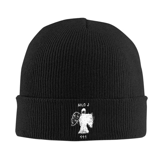 Black ribbed knit milo j singer acrylic music crochet cap with white embroidered angel design men beanies winter hat