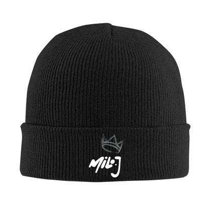 Black ribbed knit milo j singer beanie with white embroidered crown and logo on cuff men beanies winter music crochet cap