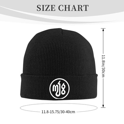 Black ribbed knit acrylic beanie with white milo j singer logo on cuff men beanies winter music crochet cap