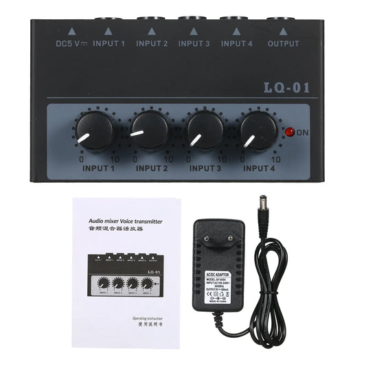 Black lq-01 mini 4 channel audio mixer with four input knobs low noise portable for mic guitar keyboard use