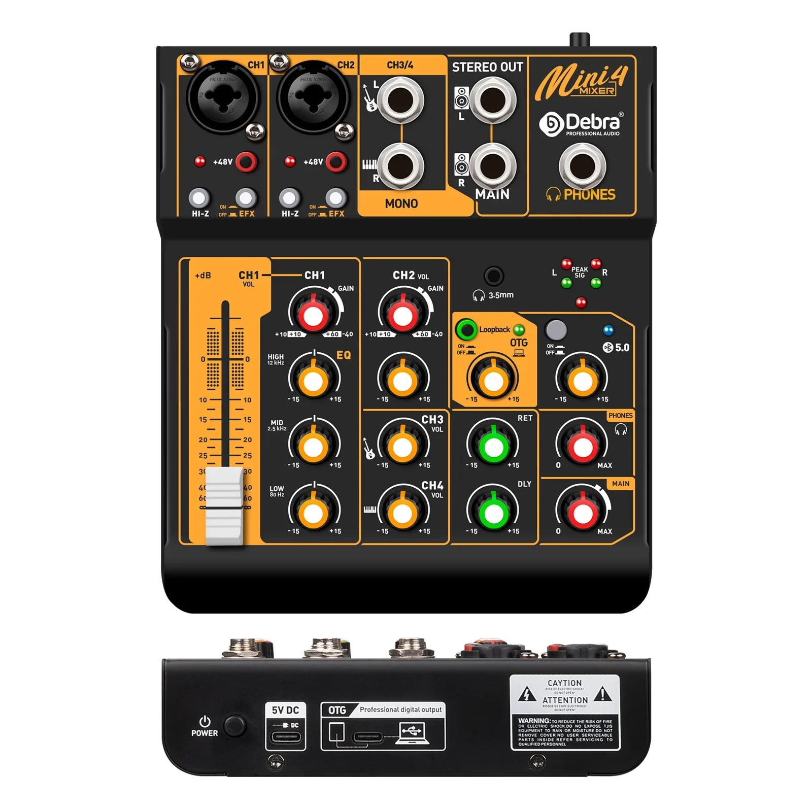 Black and orange debra mini 4 mixer with multiple input channels and knobs for live mixing with low signal-to-noise ratio