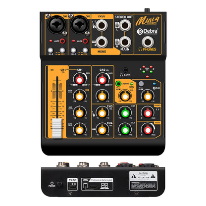Black and orange debra mini 4 mixer with multiple input channels and knobs for live mixing with low signal-to-noise ratio