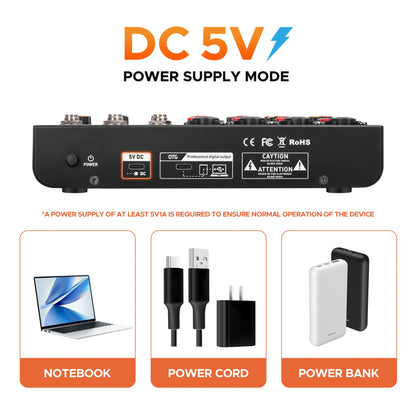 Black dc 5v power supply unit with multiple ports and certification labels for mini 6 6-channel audio mixer with improved signal-to-noise ratio and frequency response range