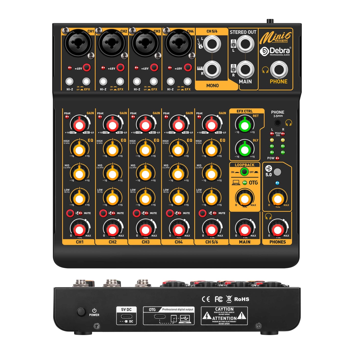 Black debra mini 5.1 audio mixer with yellow and red knobs, gold accents, compact design, optimized power supply and signal-to-noise ratio