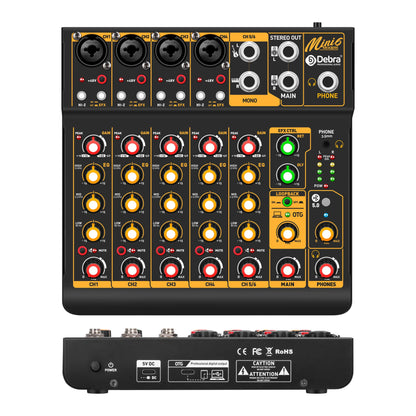 Black debra mini 5.1 audio mixer with yellow and red knobs, gold accents, compact design, optimized power supply and signal-to-noise ratio
