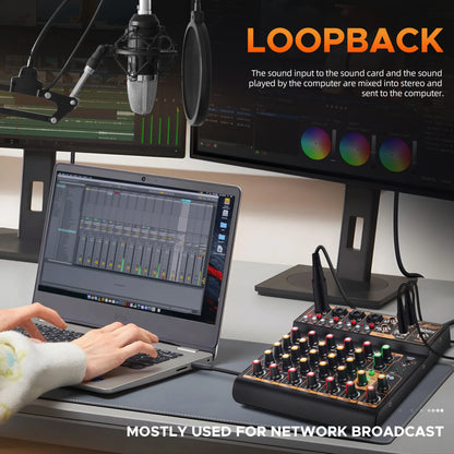 Black mini 6 6-channel audio mixer with multiple knobs and input jacks features power supply and wide frequency response range