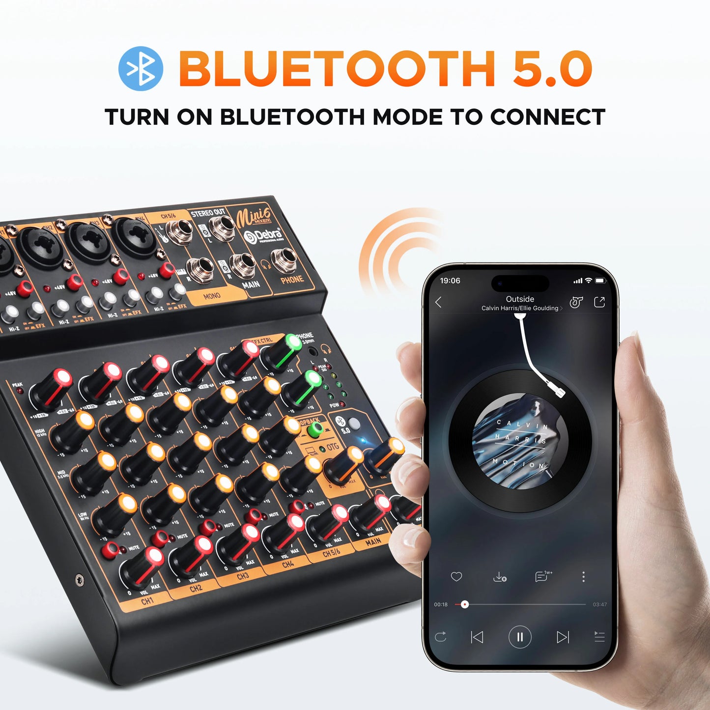 Black and orange mini dobra bluetooth 5.0 audio mixer with illuminated knobs featuring high signal-to-noise ratio and power supply for smartphone connection