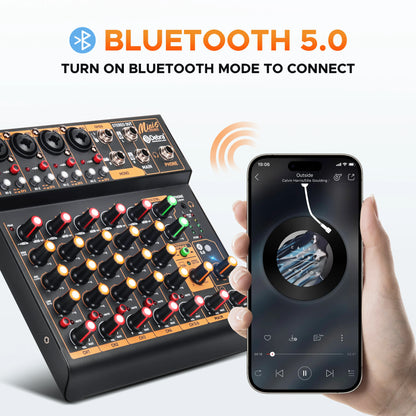 Black and orange mini dobra bluetooth 5.0 audio mixer with illuminated knobs featuring high signal-to-noise ratio and power supply for smartphone connection