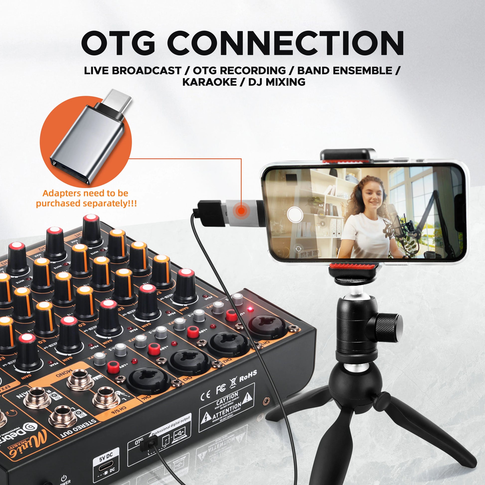 Black and orange mini 6 channel audio mixer with usb-c otg adapter featuring power supply and wide frequency response range