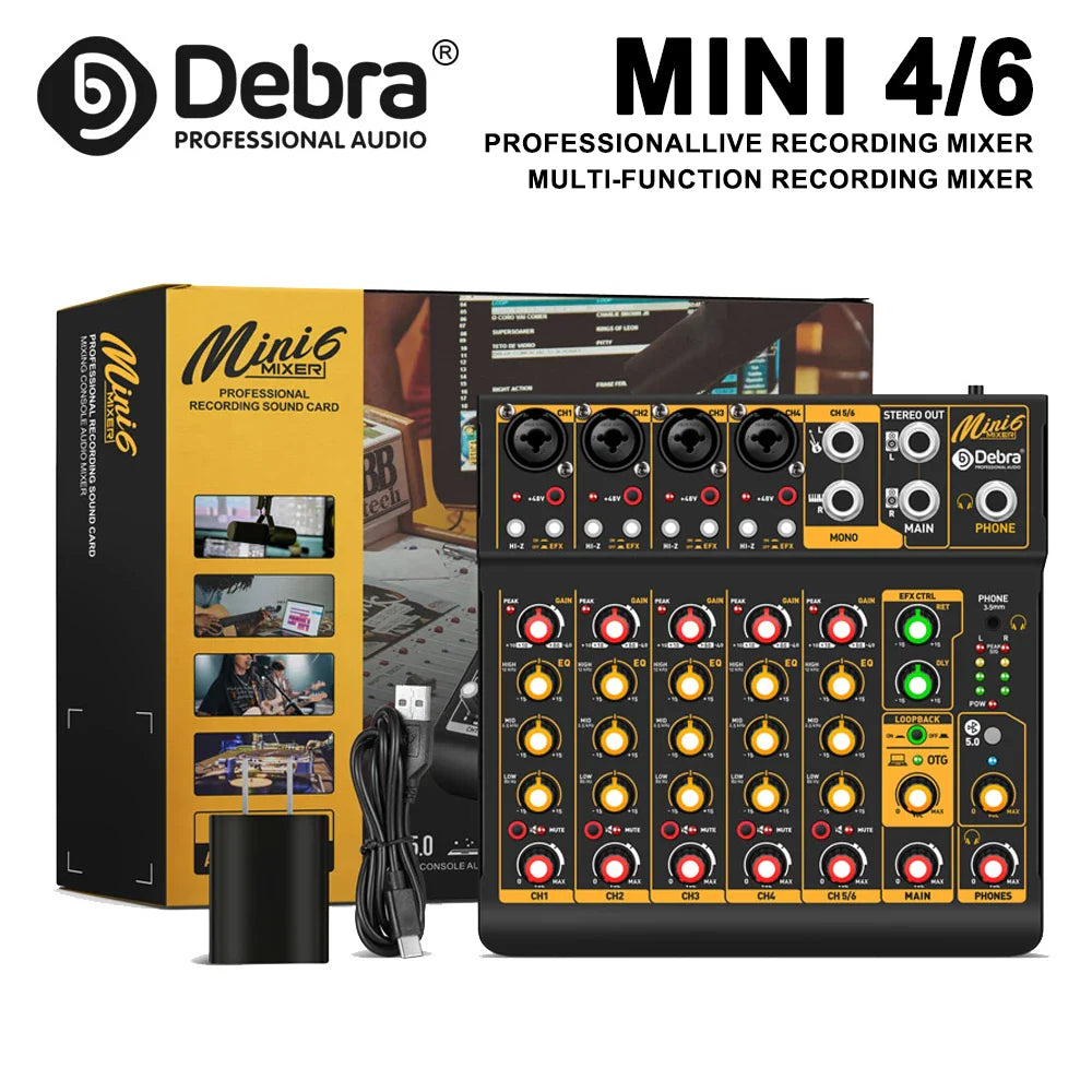 Black and yellow debra mini 4/6 professional live recording mixer with illuminated knobs featuring bluetooth 5 power supply and wide frequency response range