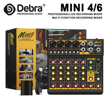 Black and yellow debra mini 4/6 professional live recording mixer with illuminated knobs featuring bluetooth 5 power supply and wide frequency response range
