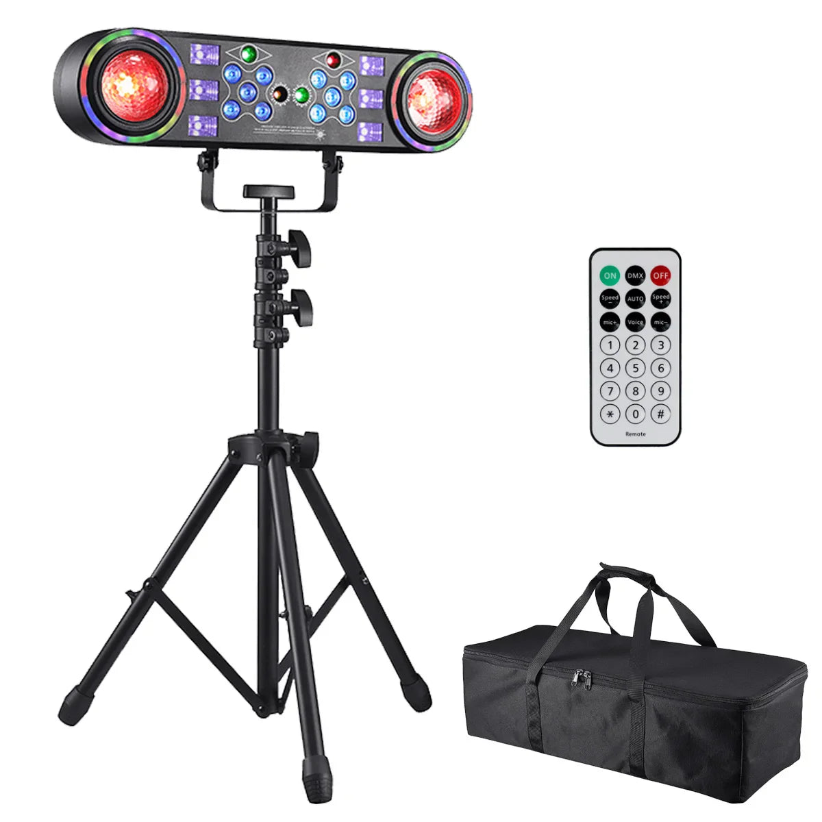 Black mini 7-in-1 bracket effect light with red and blue lamp beads on light stand featuring rotating disco ball and sound control