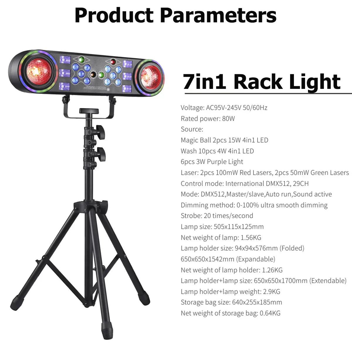 Black 7-in-1 rack light with red magic ball led lamp beads on adjustable light stand featuring multiple control buttons and low net weight