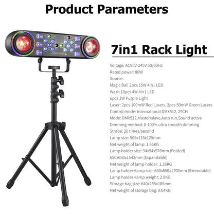 Black 7-in-1 rack light with red magic ball led lamp beads on adjustable light stand featuring multiple control buttons and low net weight