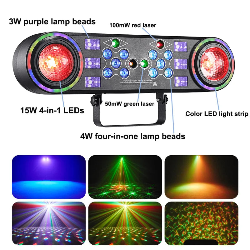 Black rectangular mini 7-in-1 bracket effect light with red lamp beads control panel and integrated color led strip for DJ use