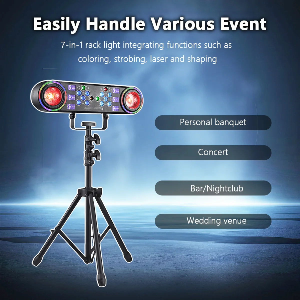 Black tripod-mounted mini 7-in-1 bracket effect light with red purple lamp beads and adjustable light stand features for events