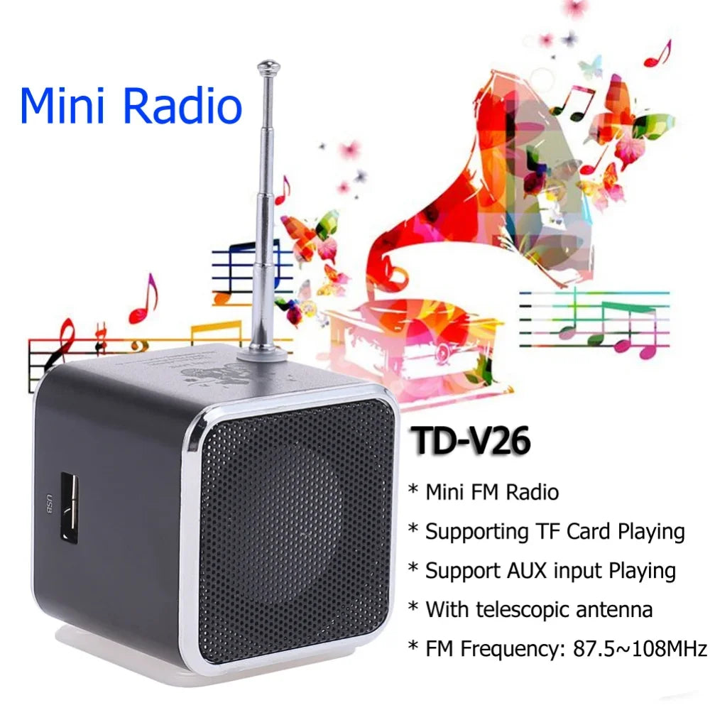 Black and silver cube-shaped mini bluetooth speaker portable radio td-v26 with telescopic antenna for wireless bocina mp3 play