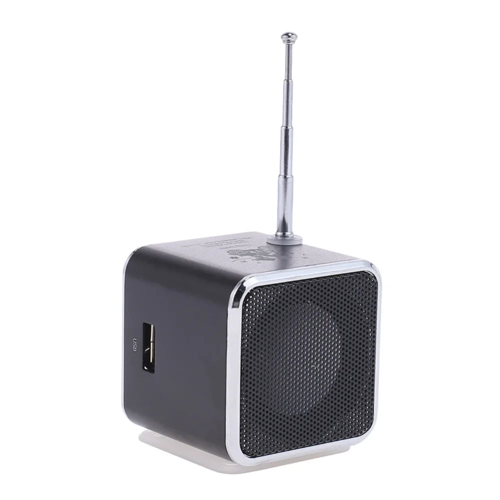 Black and silver cube-shaped bluetooth speaker portable radio with telescopic antenna wireless bocina mp3 player coluna