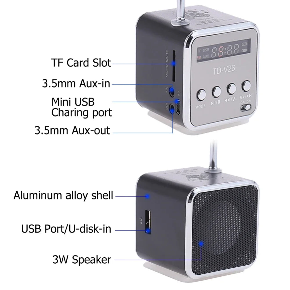 Black and silver td-v26 mini cube bluetooth speaker portable with aluminum alloy shell digital display and wireless bocina mp3 ports