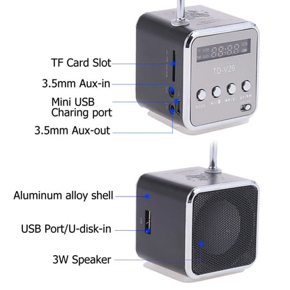 Black and silver td-v26 mini cube bluetooth speaker portable with aluminum alloy shell digital display and wireless bocina mp3 ports