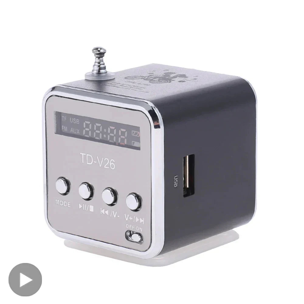 Silver and black cube-shaped bluetooth speaker portable with digital display usb port control buttons wireless bocina mp3 player coluna