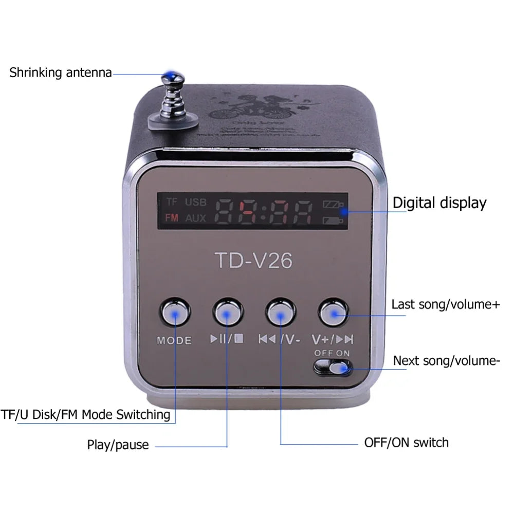 Silver and black cube-shaped bluetooth speaker portable with digital display labeled td-v26 for wireless bocina mp3 use