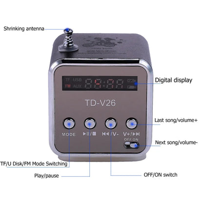Silver and black cube-shaped bluetooth speaker portable with digital display labeled td-v26 for wireless bocina mp3 use