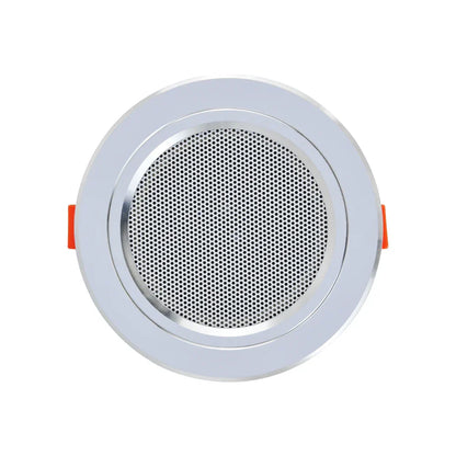 Silver circular mini ceiling speaker with perforated grille and orange side tabs 12w hifi stereo for public address background