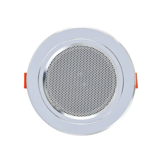 Silver circular mini ceiling speaker with perforated grille and orange side tabs 12w hifi stereo for public address background