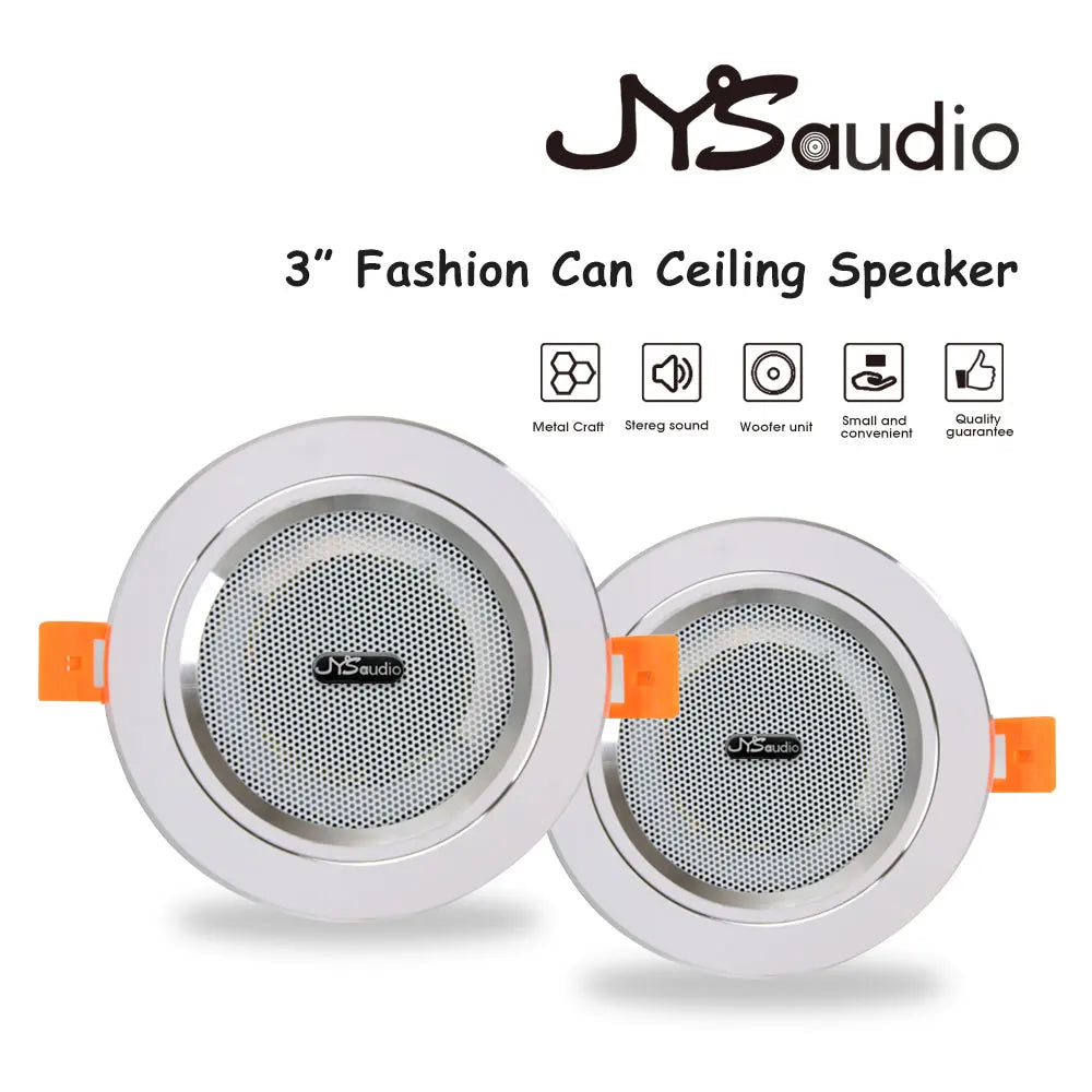 Silver jysaudio 3-inch mini ceiling speaker with orange mounting tabs 12w hifi stereo for public address background use