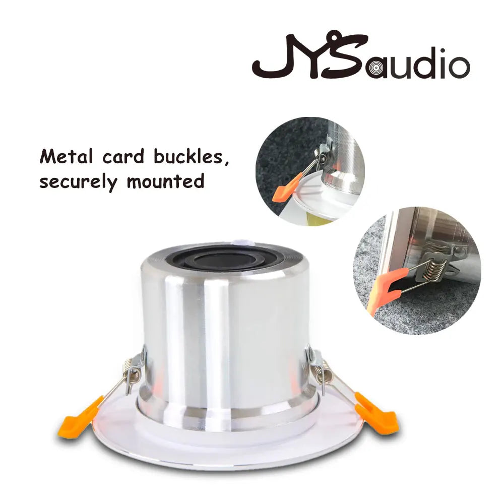 Silver jysaudio mini ceiling speaker with 12w hifi stereo recessed light featuring metal card buckles and orange clips for public address background use
