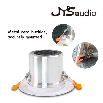 Silver jysaudio mini ceiling speaker with 12w hifi stereo recessed light featuring metal card buckles and orange clips for public address background use