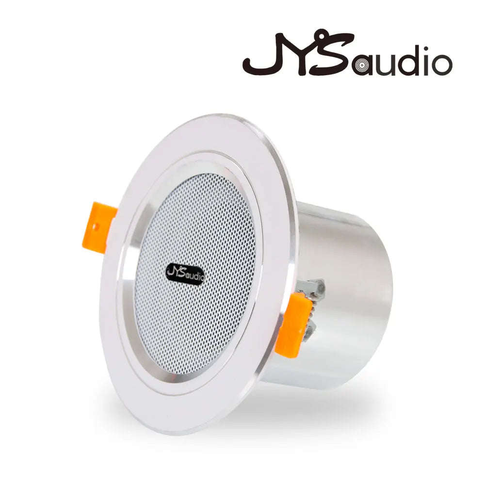 Silver jysaudio mini ceiling speaker 12w hifi stereo with perforated grille and orange tabs for public address background use